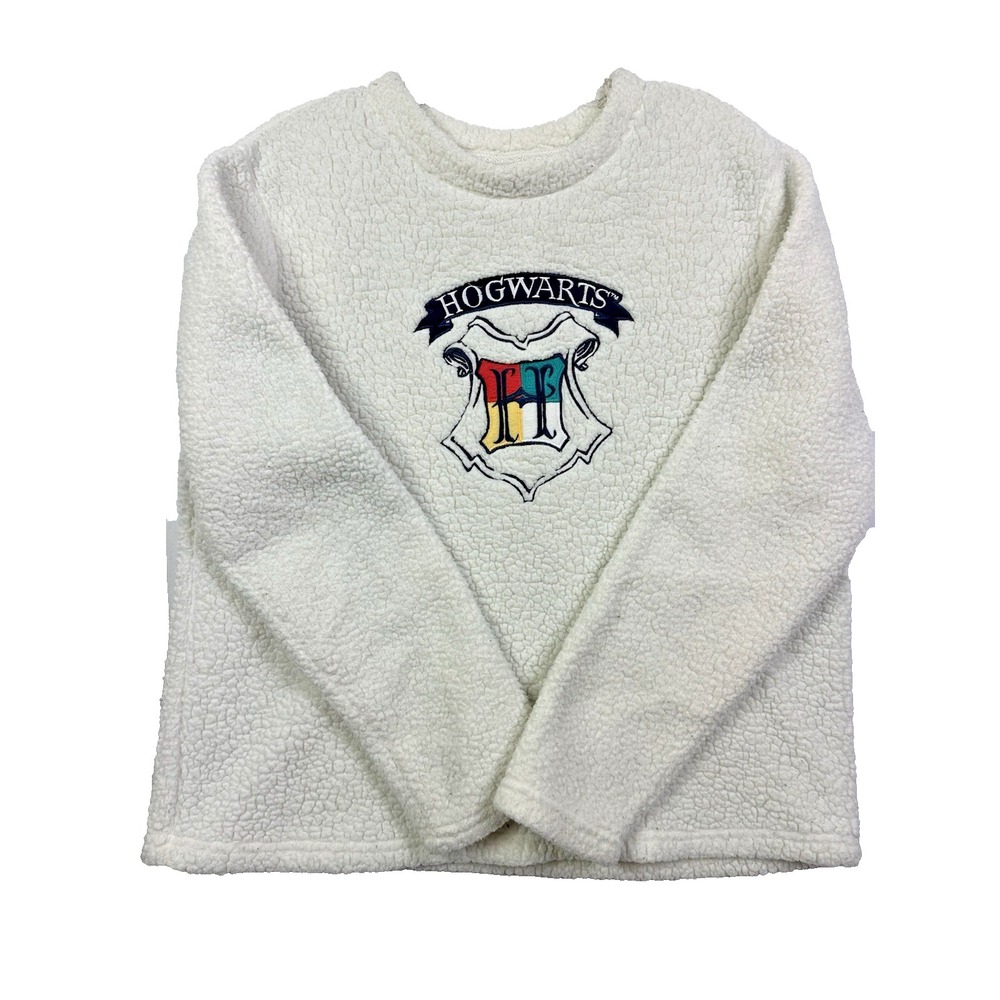 Harry Potter Hogwarts Witch Wizardry White Fluffy‎ Embroidered Sweater Logo SZ L